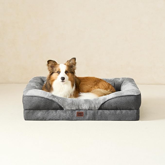 EHEYCIGA Orthopedic Dog Bed for Large Sized Dog, 41x27x7.5 Inch Large Memory Foam Dog Couch Bed with Sides, Waterproof Liner & Washable Removable Cover, Bolster Pet Sofa, Grey