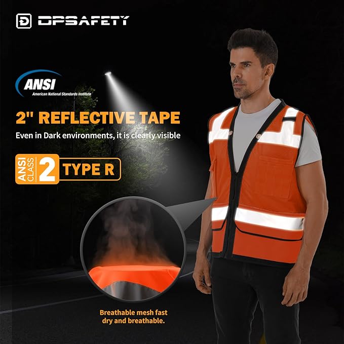 Reflective Safety vest With back plan pocket,High visibility Class 2 Heavy Duty Surveyor Vest with Zipper,Hi Vis Vest ANSI/ISEA Standard, Construction Work Vest for Men&Women(Orange,2XL)