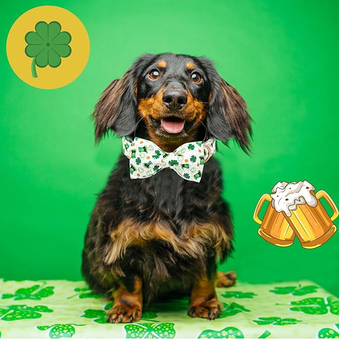 Lionheart glory Dog Bow Collar St. Patrick's Day Dog Collar for Small Dogs, Adjustable Green Collars Lucky Clover Shamrock Dog Collar with Bowtie Pet Collar Bows