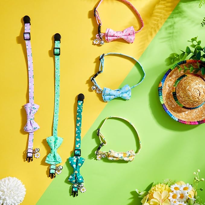 Hsei 6 Pcs Spring Cat Collars Bulk with Bow Tie Bell Breakaway Flowers Floral Daisy Kitten Adjustable Safety Bowtie Cute Collars for Small Dogs Pet Holiday Party Favors Gifts
