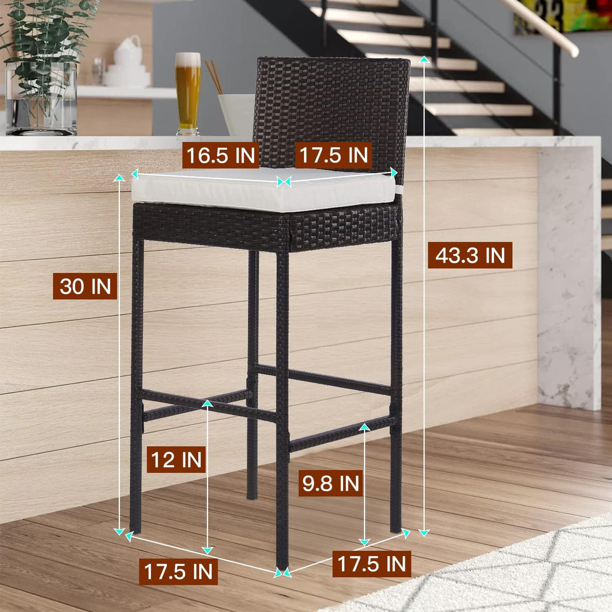 PayLessHere Outdoor Bar Stools Rattan Bar Chairs Set of 2 Wicker Bar stools Counter Height Patio Bar Chairs with Backrest Cushion Footrest for Patio Lawn Backyard, Brown