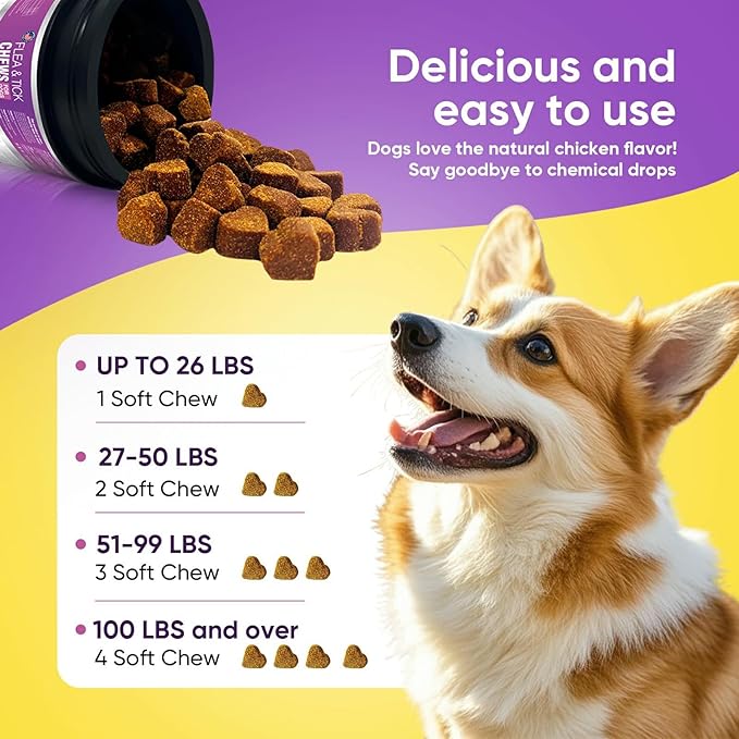 Fleas Ticks Treatment Dog Oral Chewables Support Supplement Breeds and Ages Dogs