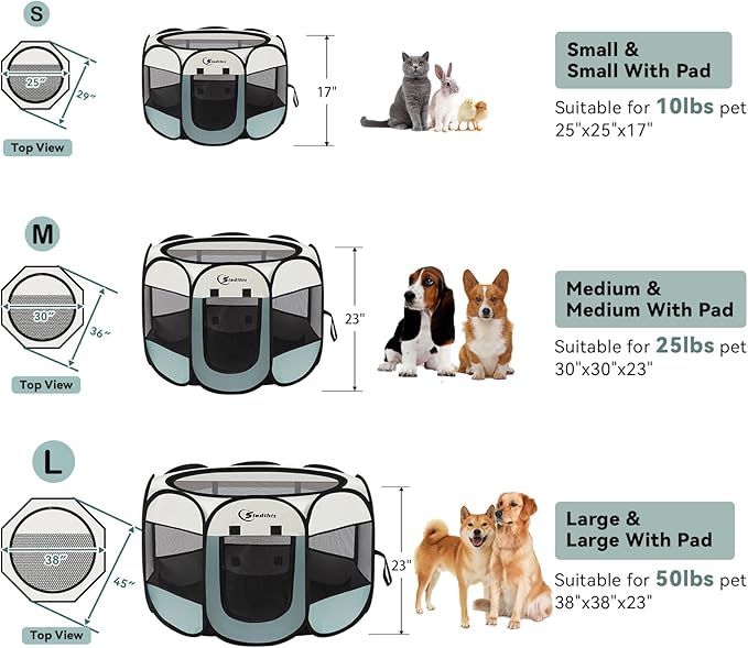 Dog Playpen with Washable Pee Pad, Puppy Pet Cat Playpen Small Dogs Tent Crate Indoor/Outdoor, Portable Pop Up Kennel with Carrying Case for Cats/Rabbits(Grey,Small with pad)