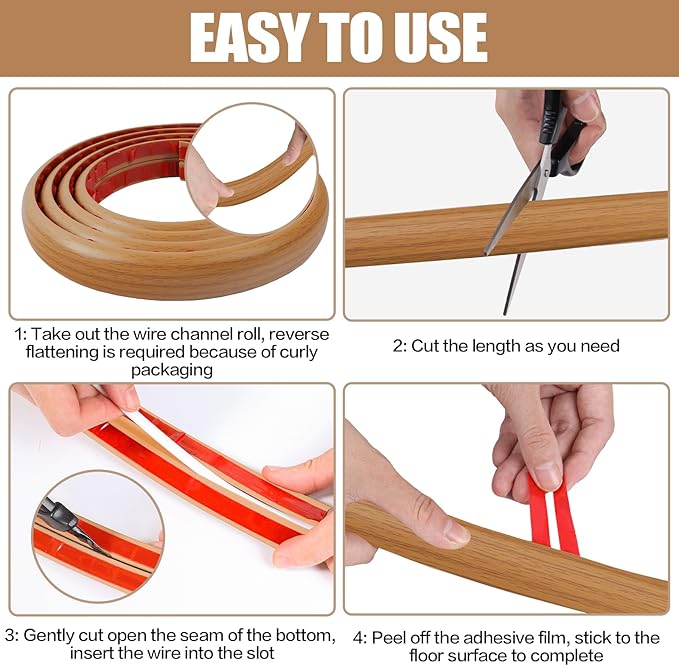 Floor Cord Cover Self Adhesive Cord Hider,10FT Cable Management, Extension Strip Protector for Wires, Prevent Cable Trips for Offices, Gyms, Exhibitions Cavity:0.51"(W) x 0.3"(H) Brown Wood