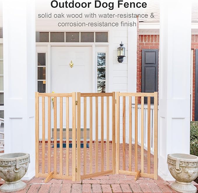 36" Height Extra Tall Freestanding Pet Gate, Solid Wood Folding Safety Fence Wooden Dog Gate with 2 PCs Support Feet Ideal for Stairs, Doorways, Halls, Kitchens, Heavy Duty Gates, 3 Panels, Oak