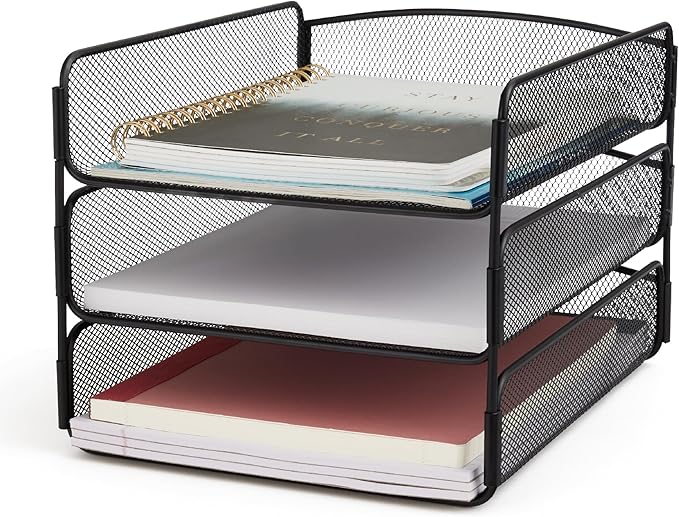 Safco Onyx Desk Organizer, 3 Trays, Office and Classroom Mailbox, Paper and Mail Sorter, Steel Mesh, Black