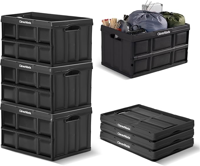 CleverMade Collapsible Storage Bins - Obsidian 3 Pack 62L - Stackable Containers Heavy Duty Capacity Folding Crates - Space-Saving for Home