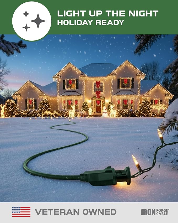 Iron Forge Cable Weatherproof 25 Ft Outdoor Extension Cord - 16/3 SJTW Heavy Duty Green Extension Cord 3 Prong - 13 Amp Exterior Power Cable