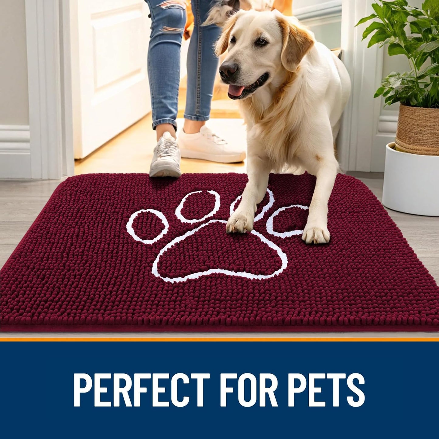 OLANLY Door Mat for Muddy Dog Paws 36x24, Ultra Absorbent Chenille Mud Doormat with Paw Print Design, Non-Slip Washable Doormat for Indoor Entryway, Quick-Dry Pet Bed Mats for Dirty Dogs, Burgundy