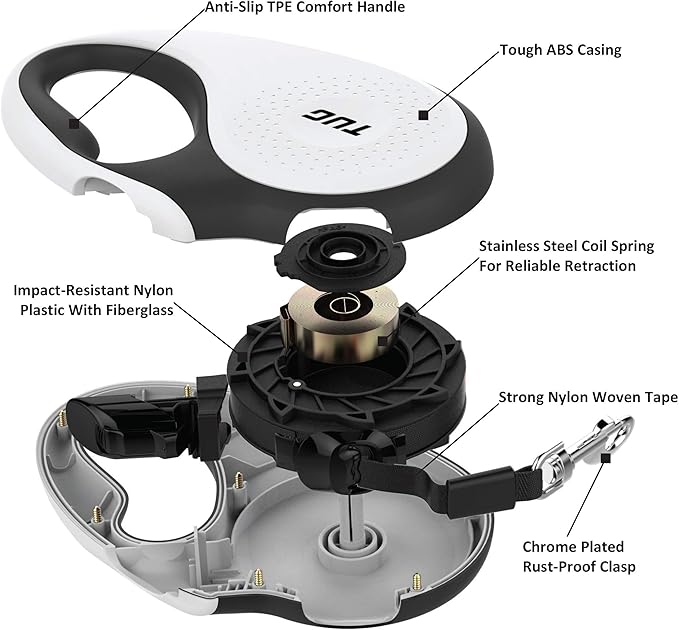 TUG 360° Tangle-Free Retractable Dog Leash | 16 ft Strong Nylon Tape | One-Handed Brake, Pause, Lock (Large, White)