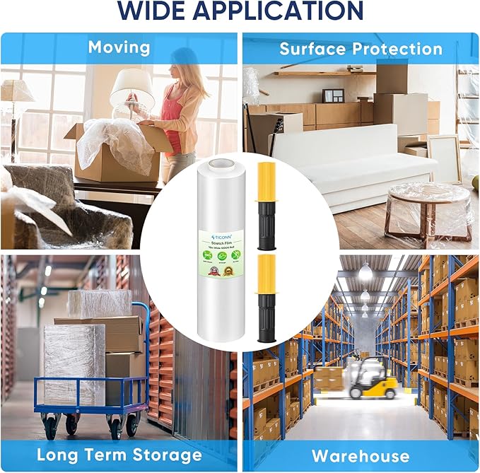 TICONN Stretch Wrap Stretch Film Roll, 1000ft Industrial Strength 15 inch Wide Clear Plastic Wrap with Handles for Pallet Wrapping Shipping Moving