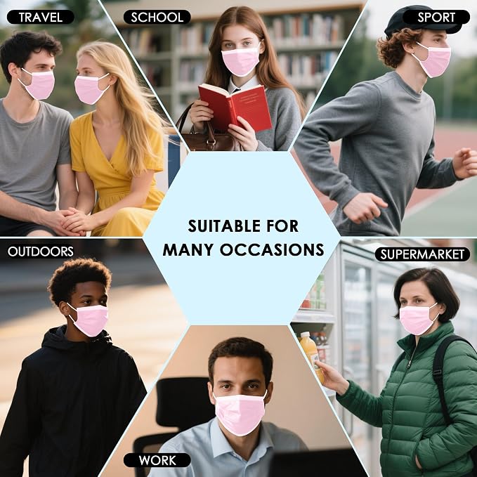 NNPCBT Pink Disposable Face Masks 100 Pack, 3-Ply Breathable Mask