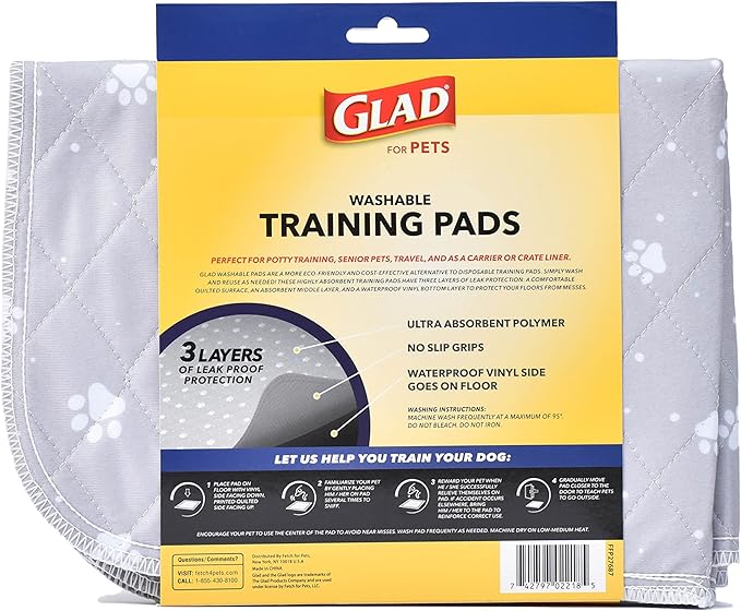 Glad for Pets Reusable Dog Pee Pads, Gray with Paw Prints - Washable Potty Pads for Dogs, Cloth Puppy Potty Training Pads, Puppy Essentials, Waterproof Pet Mats for Floor, 18” x 24”, 2 Count