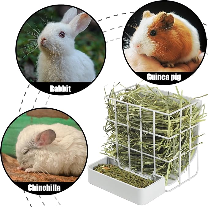 Rabbit Hay Feeder Guinea Pig Hay Feeder, Hay and Food Holder with Hook Heavy-Duty Metal Frame Hay Rack,for Bunny, Guinea Pigs,Chinchillas, Comes with Two Multifunctional Zippers-6.8x6.7x6.6inch