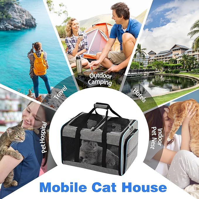Portable 2-in-1 Pet Carrier,Double Compartment Cat & Dog Carrier for 2 Cats,Expandable Medium Dogs Large Cat Carrier with Sturdy Base,Breathable,Good for Traveling Walking Camping(Blue)