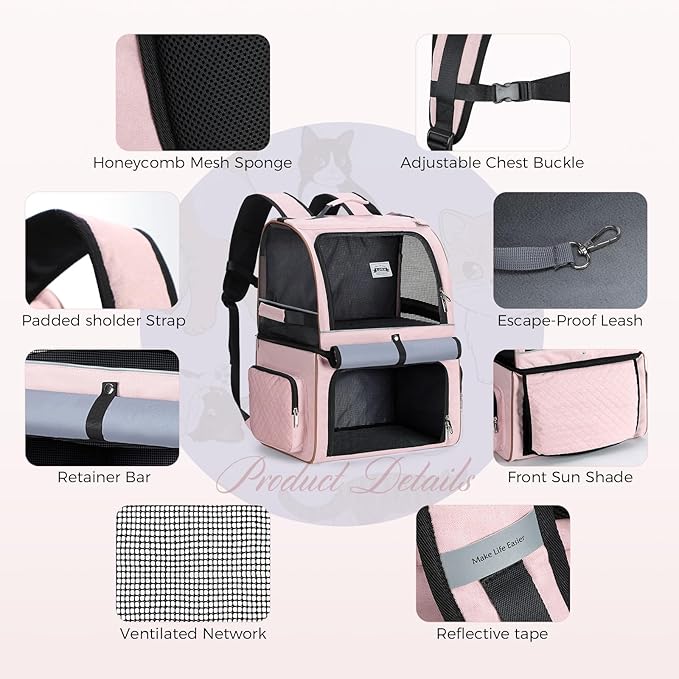 Lekebobor Double Cat Backpack Carrier for 2 Cats, Double-Compartment Pet Carrier Backpack for Two Small Cat or One Medium Cat, Cats Carrier Backpack Dog Carrier Backpack Fits Up to 24 Lbs,Pink