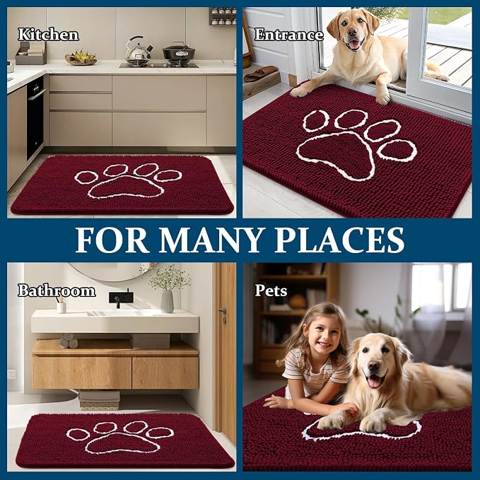 OLANLY Dog Door Mat for Muddy Paws 45x27, Paw Print Design, Absorbs Moisture