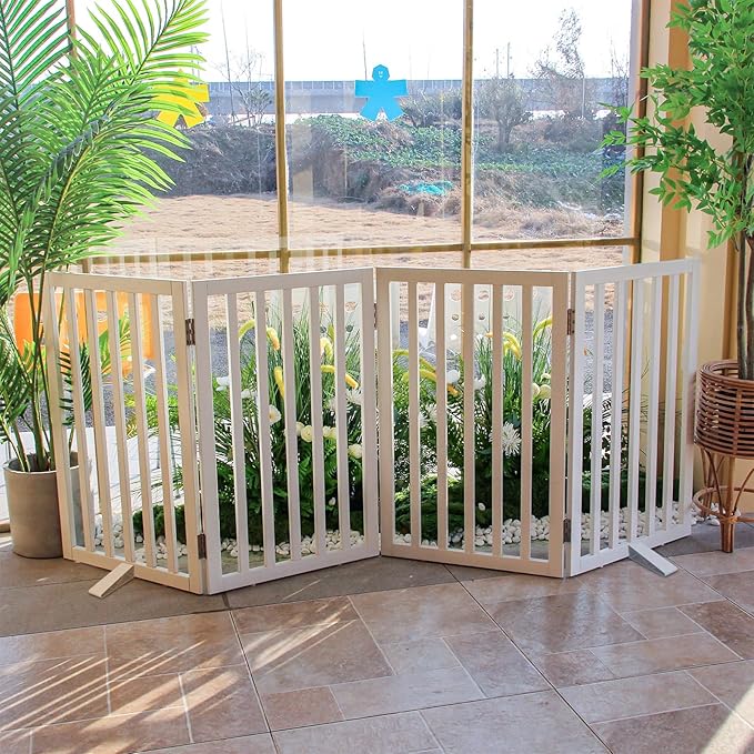 ZJSF Freestanding Indoor Dog Gate for House Foldable Wood White Puppy Gate for Doorways Pet Gate for Stairs Extra Wide Pet Fence 32" Height 4 Panels