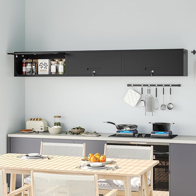 Metal Wall Storage Cabinet with Up-flip Door, Wall-Mounted Storage Cabinet for Garage, Warehouse, Home, Office, Assembly Required (Black, One Cabinet)
