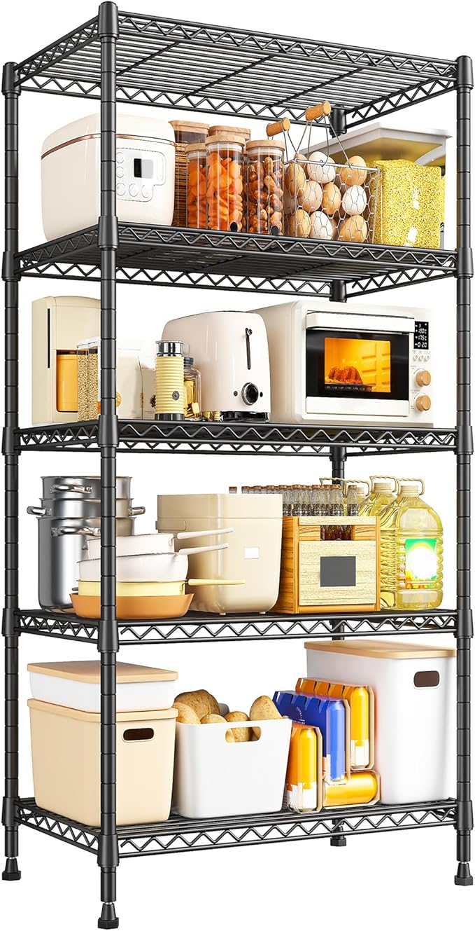 REIBII Metal Shelving 5 Tier Wire Sturdy Storage Shelves Adjustable Steel Organizer Wire Rack for Kitchen Laundry Room Commercial School Storage Room Black 63“Hx 21.65“L x 11.8”D
