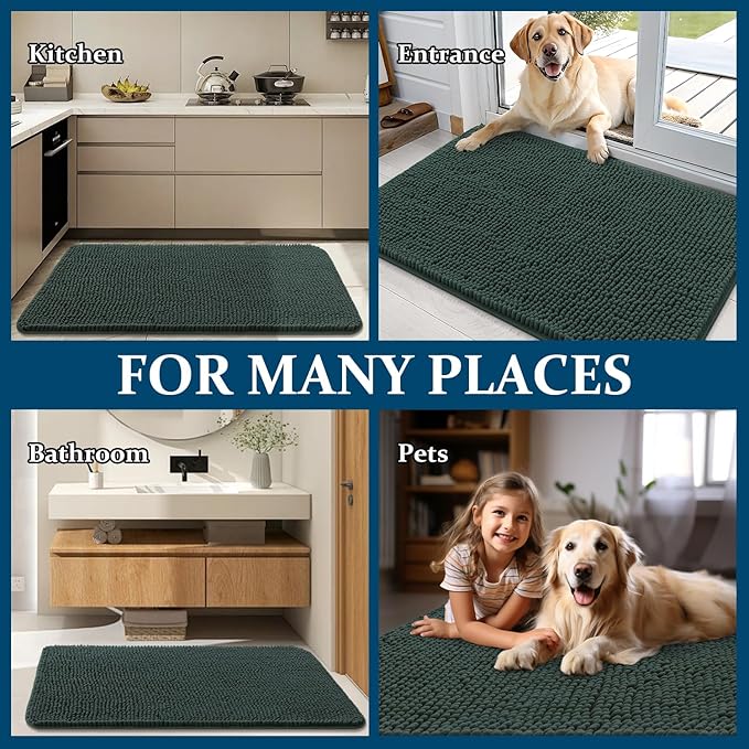 OLANLY Dog Door Mat for Muddy Paws 70x32, Absorbs Moisture and Dirt, Absorbent Non-Slip Washable Doormat, Quick Dry Chenille Mud Mat, Entry Indoor Entryway Carpet for Inside Floor, Blackish Green