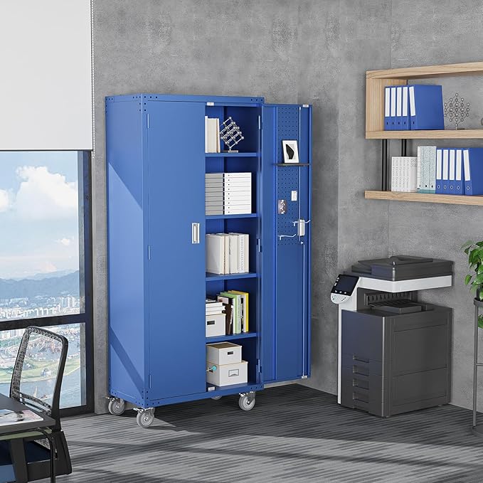 VINGLI 72'' Tall Metal Garage Storage Cabinet with Pegboards, Wheels, Locking Doors and Adjustable Shelves, File Cabinet/Tool Cabinet for Home Office/School (Blue, 32W x 16D x 72H)
