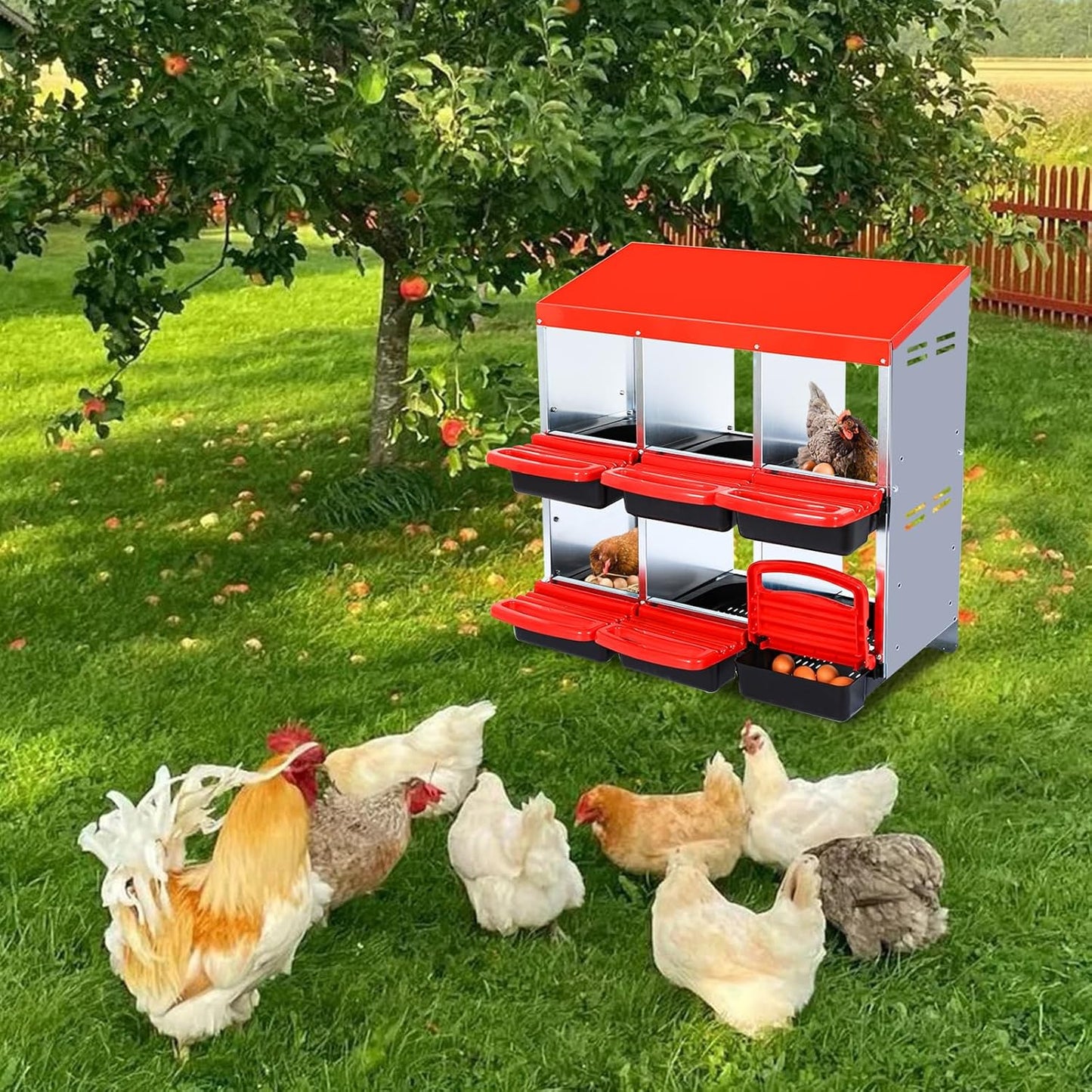 Chicken Nesting Box, 6 Hole 2 Layer Hen Nest Box, Roll Away Eggs Laying Box,Cleanable Pull Out Hen Roosting Box