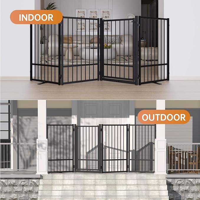 Full Metal Freestanding Dog Gate with Door, 32''Height Foldable Pet Dog Fence for Indoor & Outdoor, 4 Panels Extra Wide Free Standing TallDog Gates for Doorways,House,Stairs,Porch,Deck,Yard