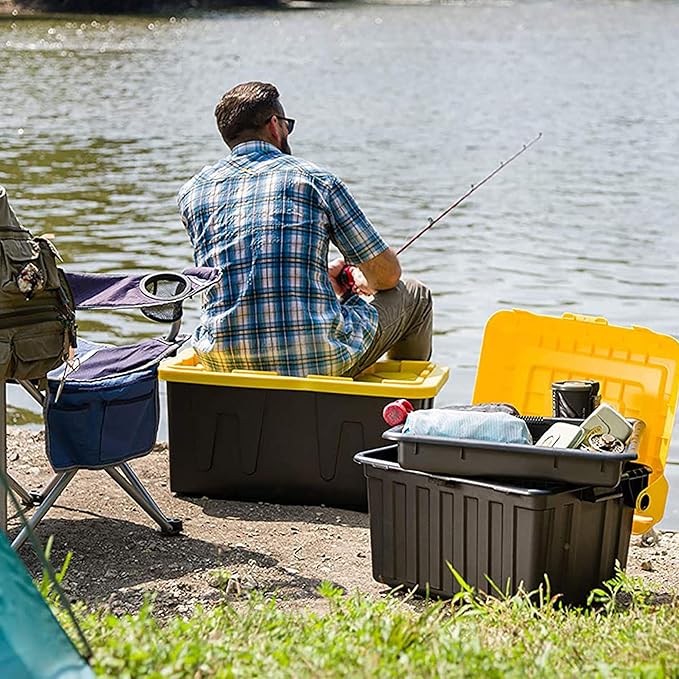 HOMZ 4-Pack Durabilt Tote, Heavy Duty Plastic Storage Bins with Lids, 27 Gallon, Black/Yellow - Stackable Organizing Containers for Home, Garage, and Shed
