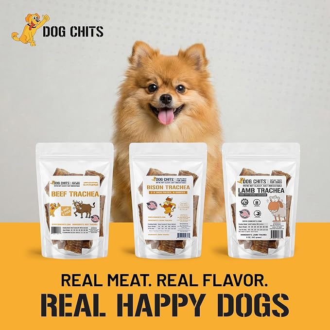 Dog Chits Beef Trachea for Dogs 1lb - 100% Single Ingredient, High Protein, Low Fat - Glucosamine for Joint Support - Dental-Clean Crunch - Digestible Rawhide-Free, Trachea Dog Treats - 3-4 inch