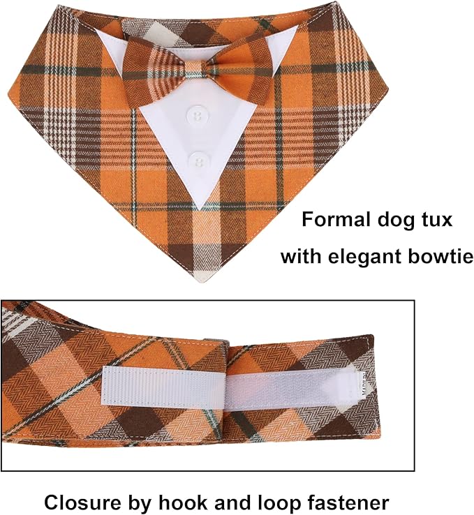 ADOGGYGO Fall Dog Tuxedo Bandana, Orange Plaid Pet Tux Collar with Bowtie, Adjustable Halloween Thanksgiving Formal Costume for Medium Large Dogs Pets (L)