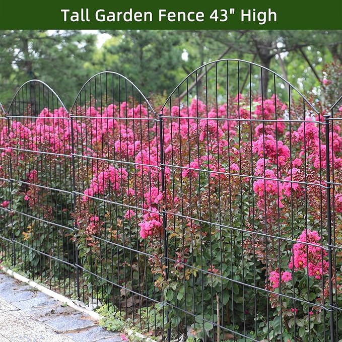 Decorative Metal Garden Fence Outdoor CTW3643, 43.2in H x 14.75 ft L, No Dig Temporary Dog Fence Border Fencing for Yard Patio Landscape Flower Bed,5 Panels + 6 Stakes, Black