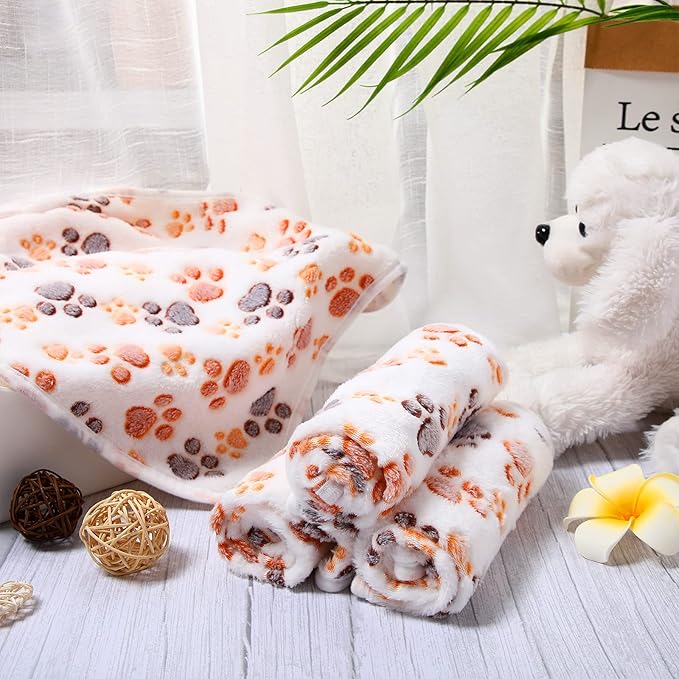 Tatuo 4 Pcs Dog Blanket for Pet Cat Blankets Indoor Puppy Teething Stuff Toys Paw Print Fleece Soft Blanket Sleep Mat for Guinea Pig Cage(White,X-Large(41 x 30 Inch),Square)