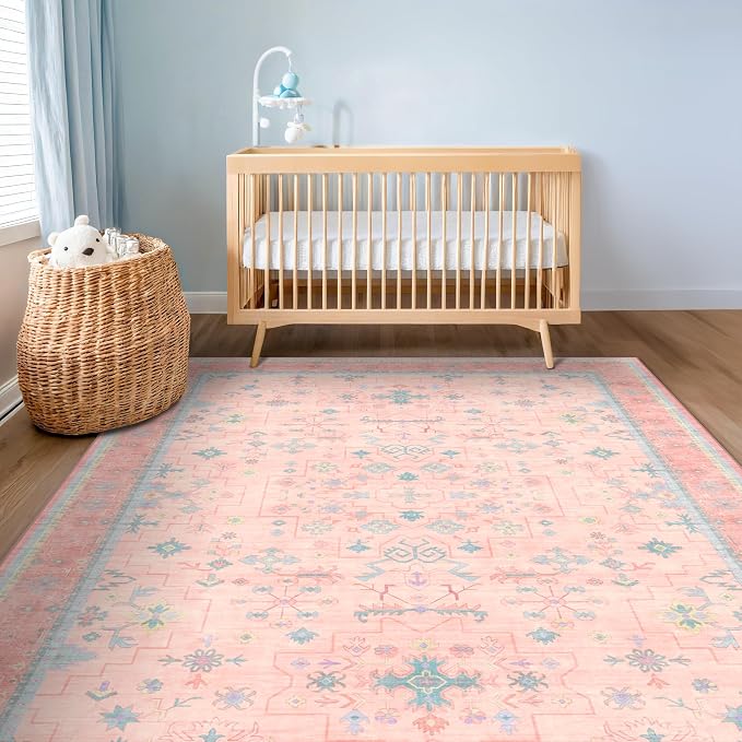 Pink Rugs for Bedroom Girls, 5x7 Washable Area Rug for Living Room Nursery Kids