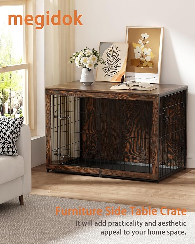 Megidok Wooden Dog Crate Furniture with Cushion,Large Dog Crate End Table with Tray, Double Doors Kennels Indoor (43.1" L*28.6" W*30.3" H, Rustic Style)
