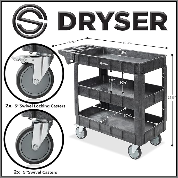 Dryser Utility Cart with Wheels, 40" x 17" Heavy Duty 550 lb. Capacity with Shelves - 3 Tier Rolling Cart with Four 5" Swivel Casters for Warehouse, Garage, Cleaning