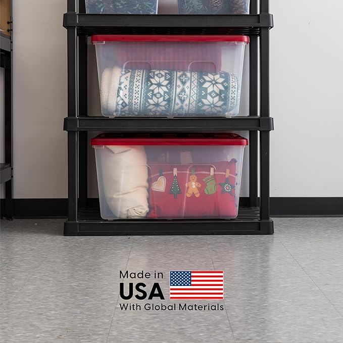 IRIS USA 94 Qt. Stackable Plastic Storage Bins with Lids, 2 Pack - BPA-Free, See-Through Organizing Solution, Latches, Durable Nestable Containers, Secure Pull Handle, Made in USA - Red
