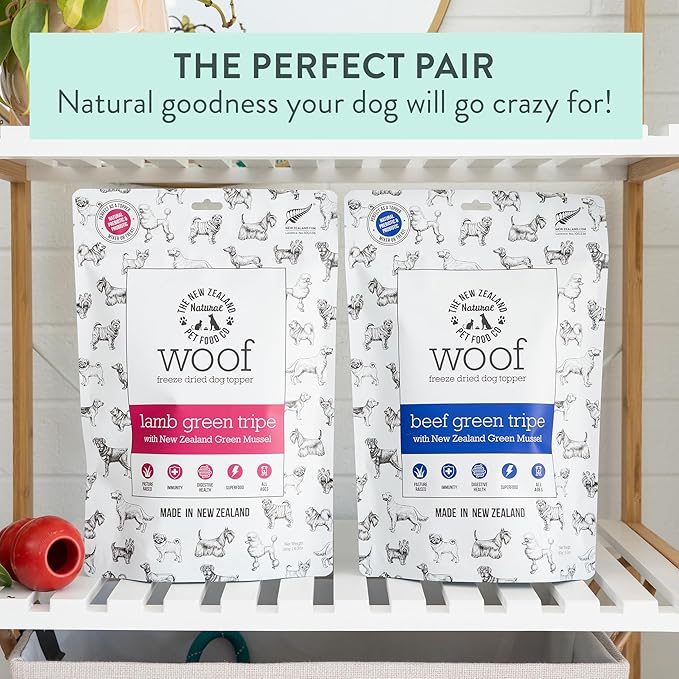 The New Zealand Natural Pet Food Co. WOOF Freeze Dried Dog Topper โ Beef Green Tripe, High Protein, Digestive Support, Topper or Treat โ 6.3 oz