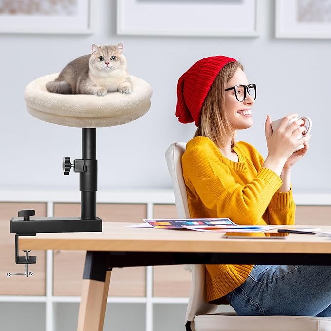 Cat Desk Bed 360ยฐ Rotating Cat Bed Desk, Solid Wood Perch, Removable Cushion, Adjustable Clamp for Office & Living Room