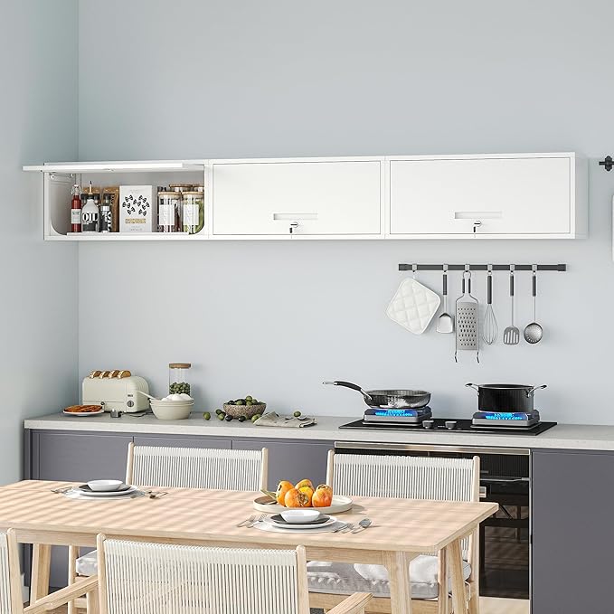 Metal Wall Storage Cabinet with Up-flip Door, Wall-Mounted Storage Cabinet for Garage, Warehouse, Home, Office, Assembly Required (White)