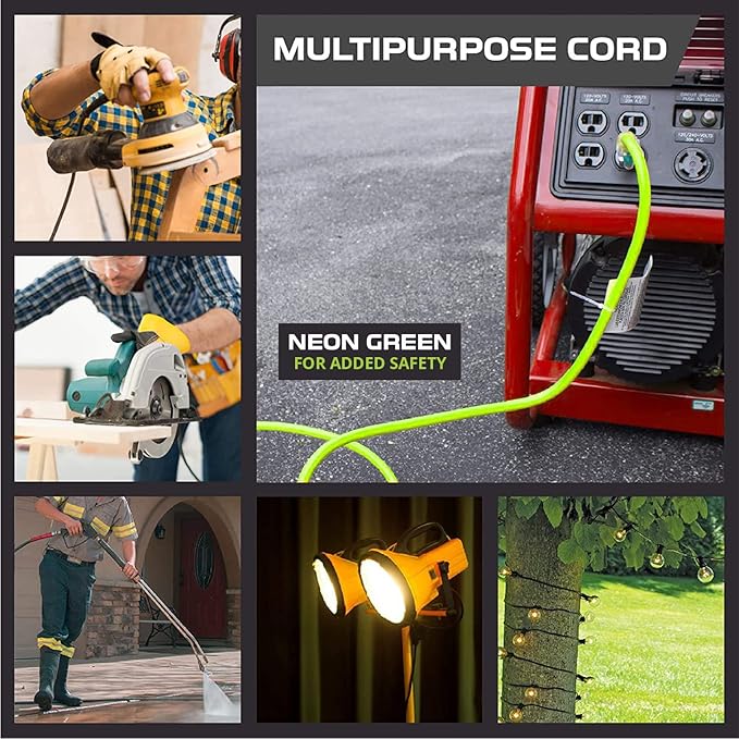 Iron Forge Cable Weatherproof 50 Ft Outdoor Extension Cord - 12/3 SJTW 15 Amp Heavy Duty Light Green High Visibility Cable with 3 Prong - Lighted End