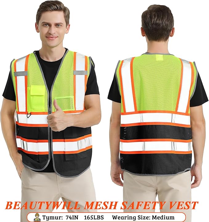 BeautyWill Custom Mesh Safety Vest Customized Logo Class2 High Visibility Reflective Vest with Pockets Construction workwear (Yellow Black,M )