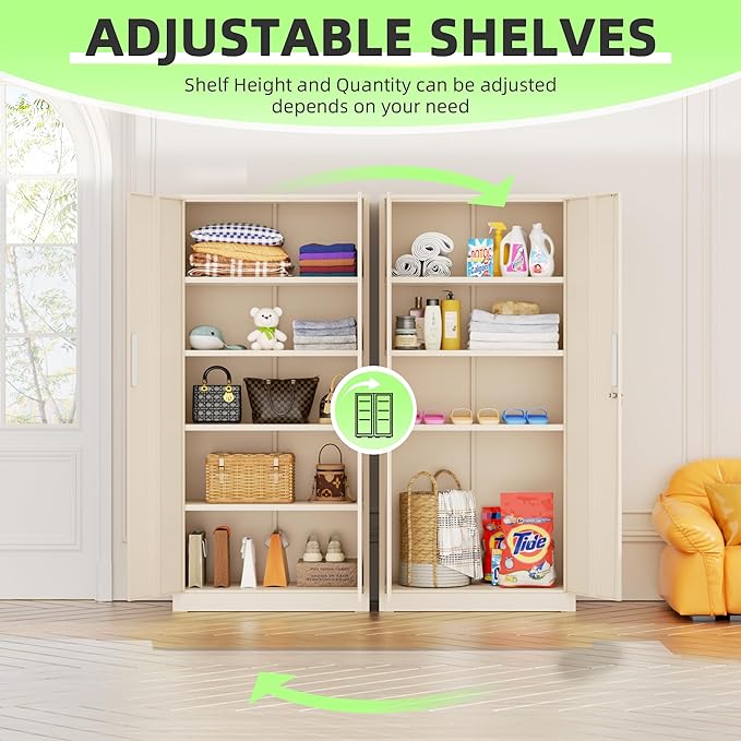 SUNCROWN 72" Metal Storage Cabinet - Heavy-Duty Metal Garage Cabinet with 4 Adjustable Shelves & 2 Doors for Tools, Office, Home, Workshop,Warm Grey-Small