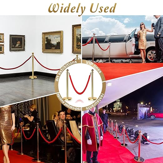 4PCS Gold Stanchions Posts with 3PCS 5 ft Red Velvet Rope, Red Velvet Rope Stanchion Set Crowd Control Barriers, Stanchions and Velvet Ropes Red Carpet Poles for Party Supplies