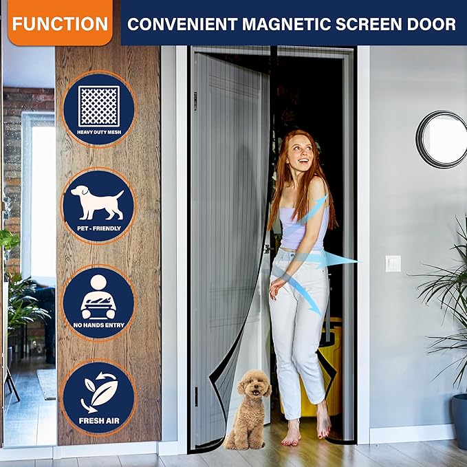 Magnetic Screen Door, Fit Door Size 48 x 80 Inches, Screen Doors with Magnets, Pet & Kid Friendly,Works with Front Doors, Sliding Doors Black