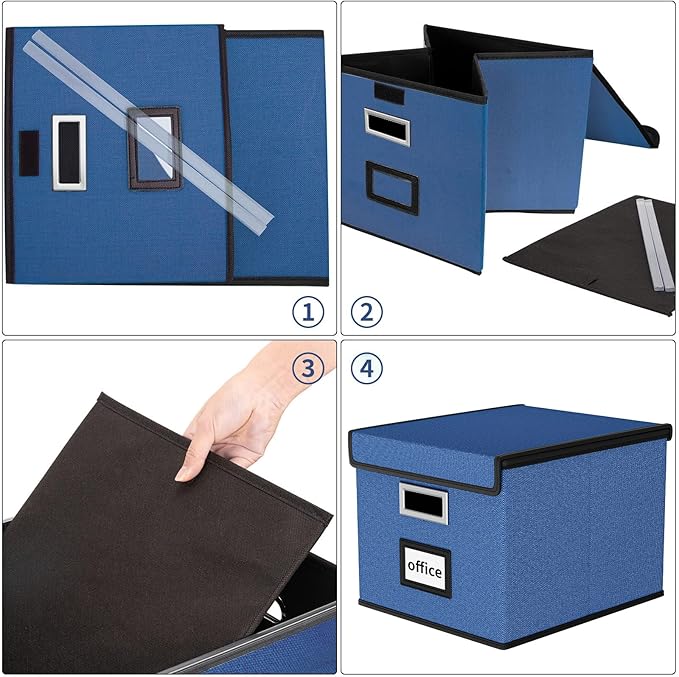 Huolewa Decorative File Organizer Boxes Office Document Storage with Lids, Portable Collapsible Linen Hanging Filing & Storage Boxes for Office/Decor/Home (Royal Blue) -14.9 x 12.7 x 10.8 inch -4 Pack