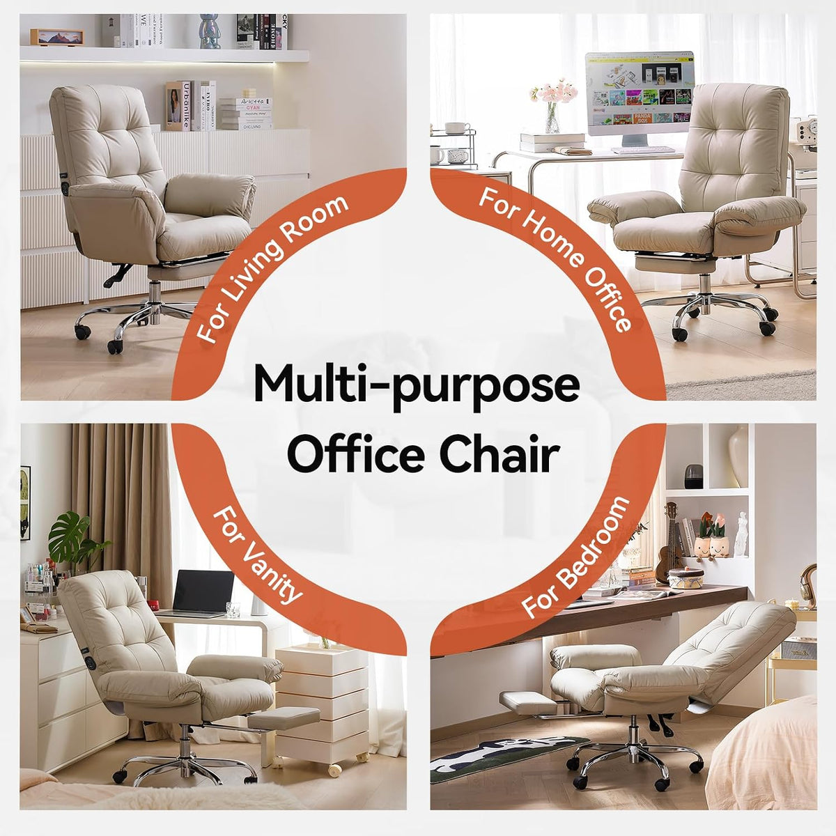 EMIAH Heated and Massage Office Chair with Foot Rest, PU Leather, Beige