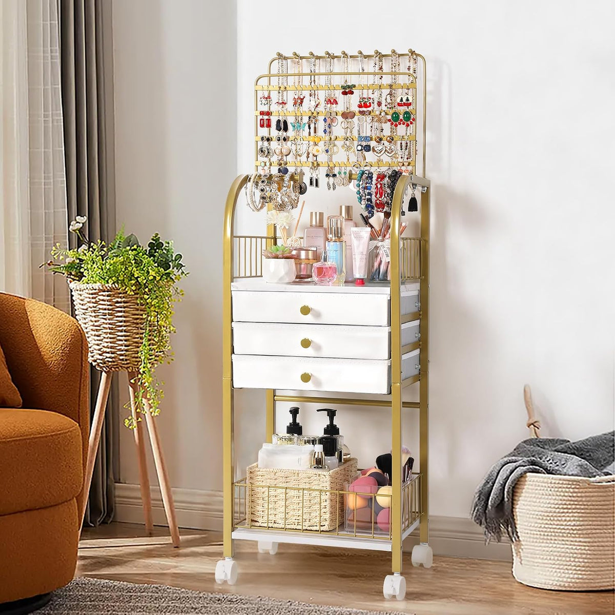 Keebofly Large Floor Jewelry Organizer Stand with 3 Drawers - Gold