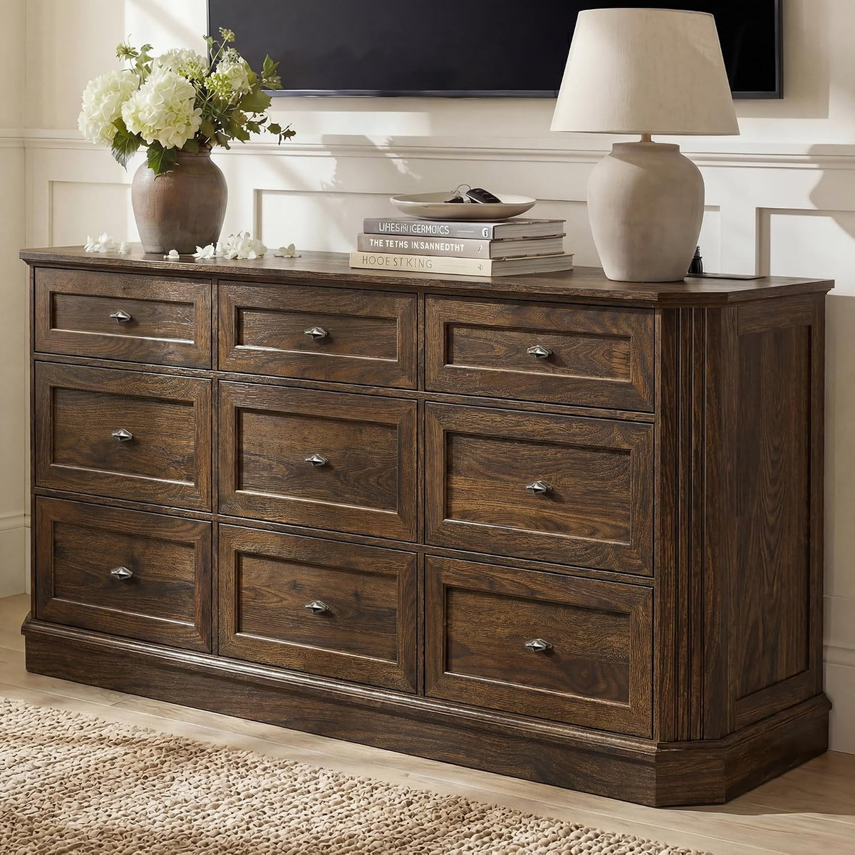 Farmhouse 9 Drawers Walnut Dresser for Bedroom, 63.07" Wide Chest of Drawers w/Charging Station & Vintage Beveled Design, Wood Long Dresser TV Stand,Closet Clothes Storage Organizer for Living Room