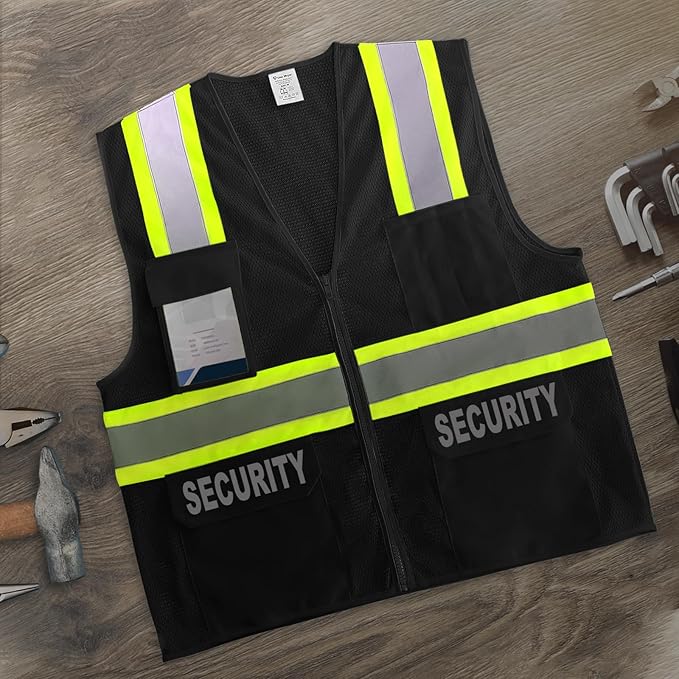 Security Vest for Men Women, Reflective Safety Vest with Pockets, Hi Vis Work Wear with Zipper, High Visibility Apparel, ANSI Compliant, Black, 5XL